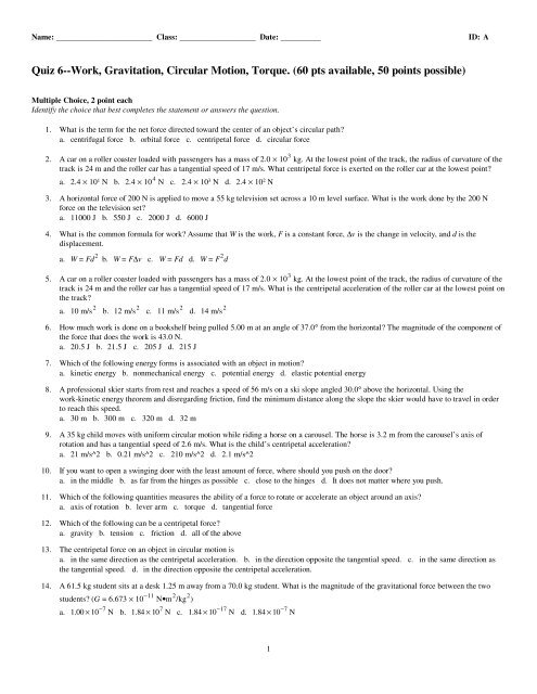 ExamView - Quiz 6--Gravity, Circular motion, Torque.tst