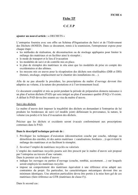 CLAUSE DES MARCHES PUBLICS APPLICABLES AUX DECHETS