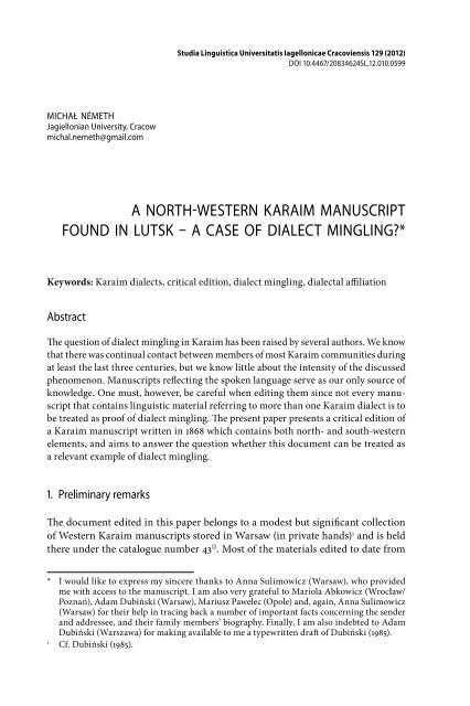 a north-western karaim manuscript found in lutsk Ã¢Â€Â“ a case of dialect ...