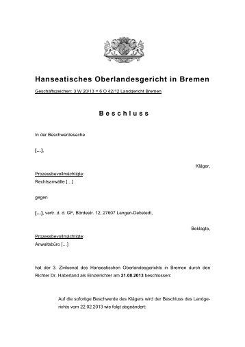 3 W 20/13 - Hanseatisches Oberlandesgericht Bremen