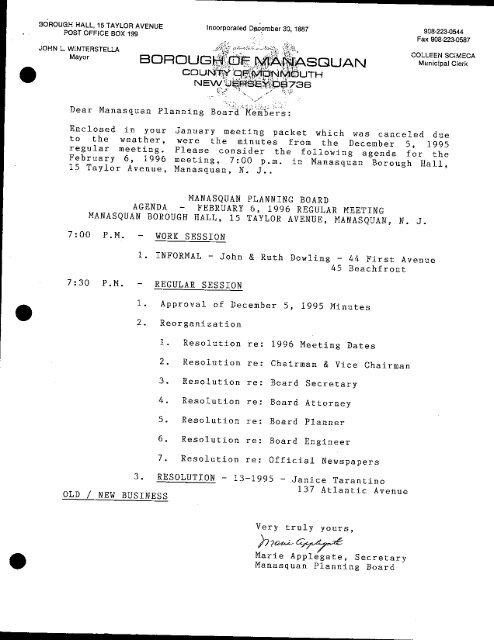 Manasquan Planning Board 1996D Meeting Minutes