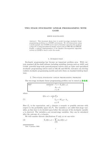 Two Stage Stochastic Linear Programming with GAMS - Amsterdam ...