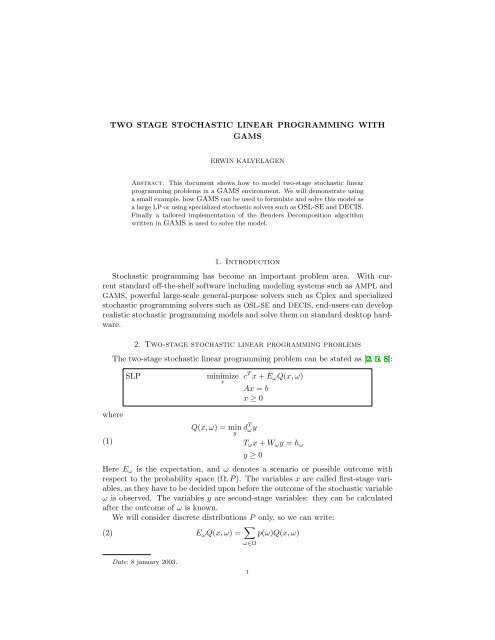 Two Stage Stochastic Linear Programming with GAMS - Amsterdam ...