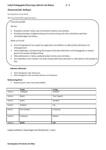 Lokal Pedagogisk Planering i (Idrott och HÃ¤lsa) 4 - 9 ÃmnesomrÃ¥de ...