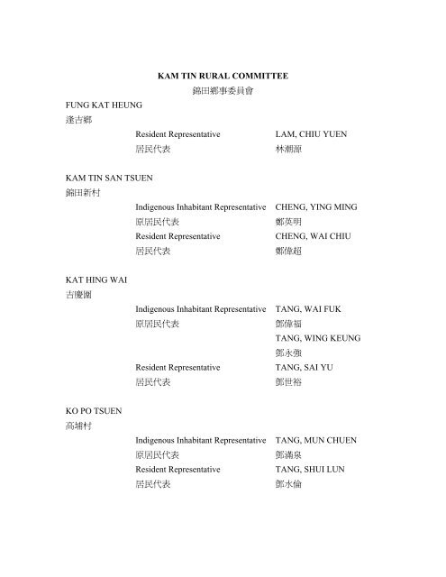 KAM TIN RURAL COMMITTEE 錦田鄉事委員會FUNG KAT HEUNG ...