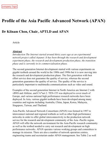Dr Kilnam Chon, Chair, APTLD and APAN,Profile of ... - Connect-World