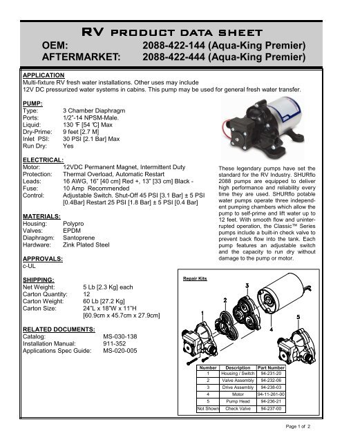 Rv product data sheet - SHURflo