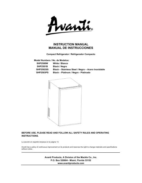 Model SHP2501B - Avanti Products