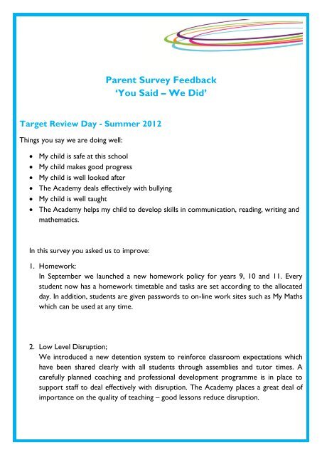 Parent Survey Feedback 'You Said â We Did' - Bedford Academy