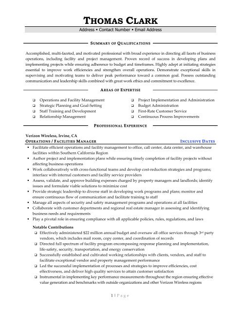 Operations Facilities Manager Resume Prime