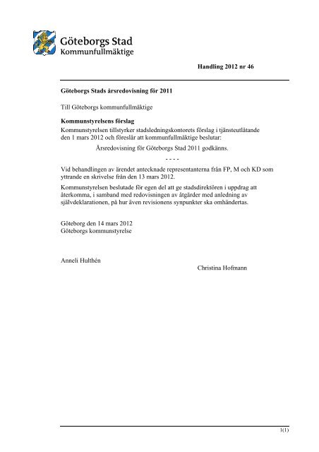 Handling 2012 nr 46 GÃ¶teborgs Stads Ã¥rsredovisning fÃ¶r 2011 Till ...