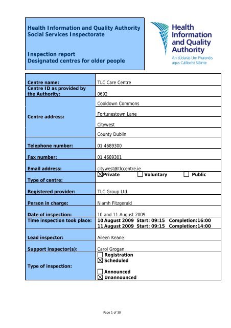 TLC City West 0692 nursing home inspection report - hiqa.ie