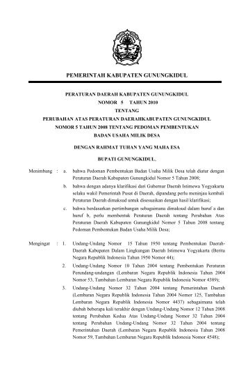 Perda Nomor 5 Tahun 2010 tentang Perubahan Atas - Gunungkidul