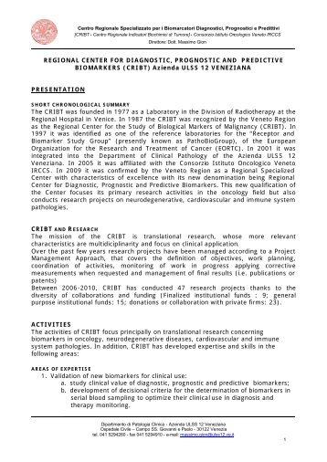 Regional Center for Diagnostic, Prognostic and Predictive Biomarkers
