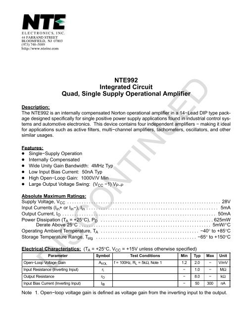 NTE992 Integrated Circuit Quad, Single Supply ... - NTE Electronics