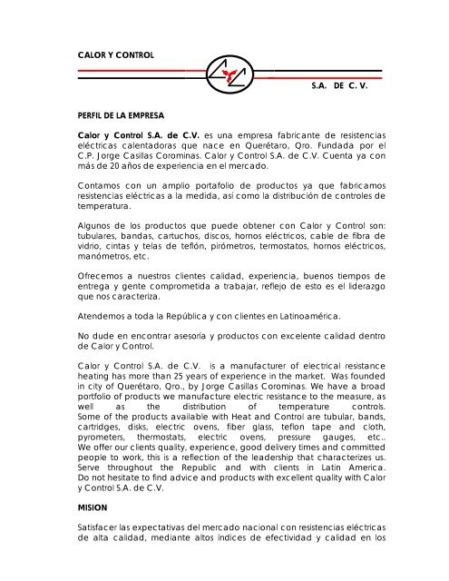 CALOR Y CONTROL S.A. DE C. V. PERFIL DE LA ... - QuimiNet.com
