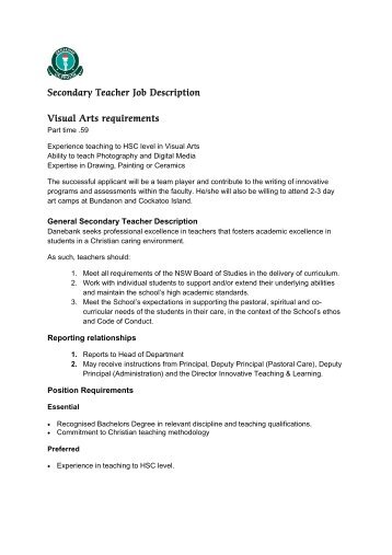 Secondary Teacher Job Description Visual Arts ... - Danebank