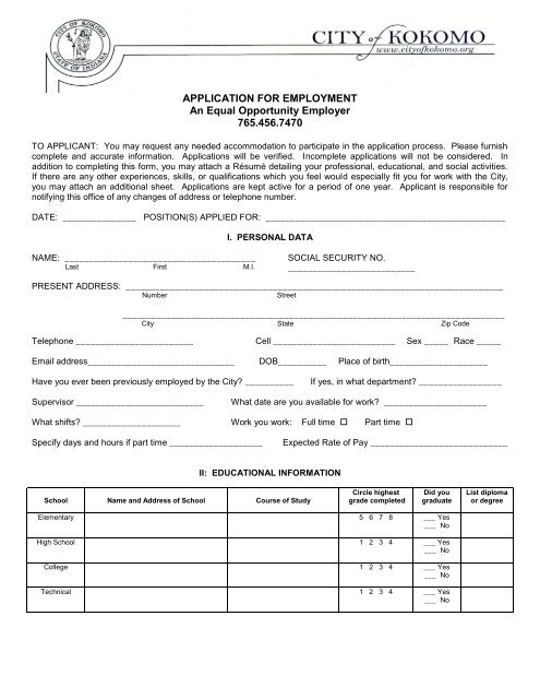 Application Form, Police Officer - City of Kokomo