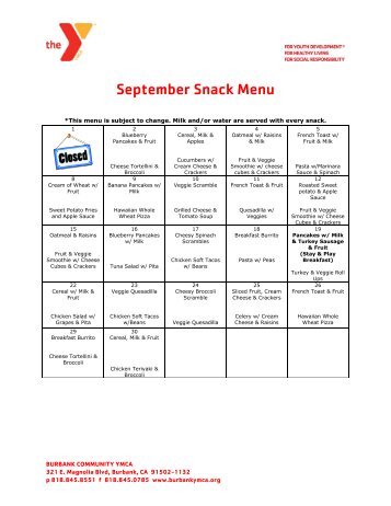 Preschool Snack Menu - Burbank Community YMCA