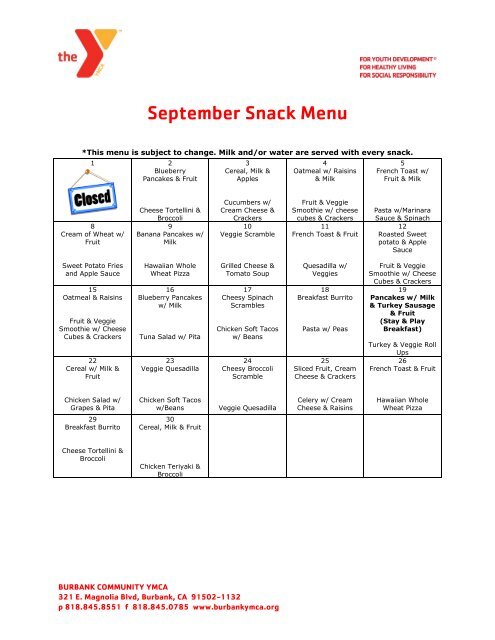 Preschool Snack Menu - Burbank Community YMCA