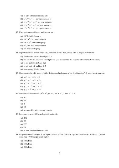 Questionario 1 - Dipartimento di Matematica