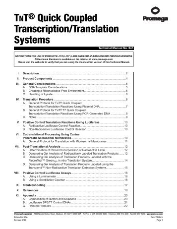 TnTÂ® Quick Coupled Transcription/Translation Systems Technical ...