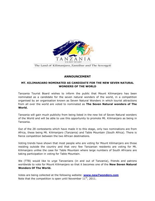 ANNOUNCEMENT - Tanzania Tourist Board