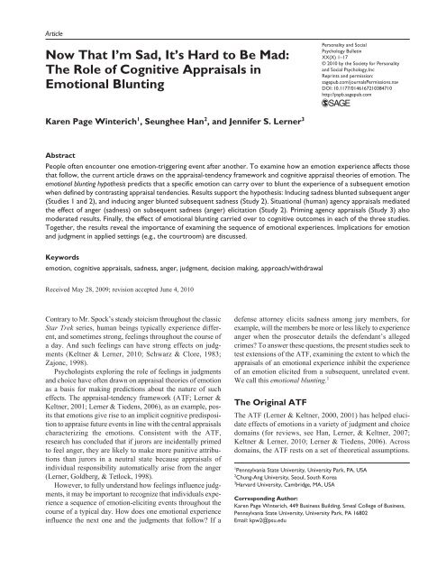 The Role of Cognitive Appraisals in Emotional Blunting - Projects at ...