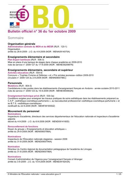 Bulletin officiel nÂ° 36 du 1er octobre 2009 Sommaire - Free