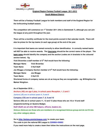 England Region Fantasy Football League 2011 ... - The Boys' Brigade