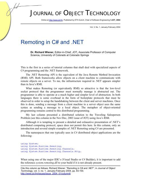 Remoting in C# and .NET - The Journal of Object Technology