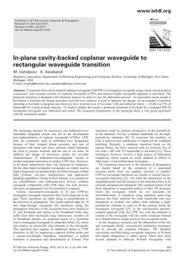 In-plane cavity-backed coplanar waveguide to rectangular ...