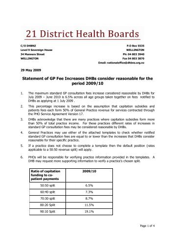 DHBNZ annual statement of reasonable GP fee increases May 2009