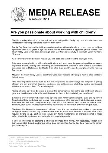 12 August - Family Day Care careers - Huon Valley Council