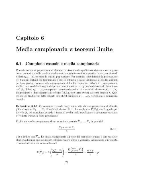 Capitolo 6 Media campionaria e teoremi limite