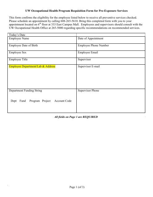UW Occupational Health Program Requisition Form for Pre ...