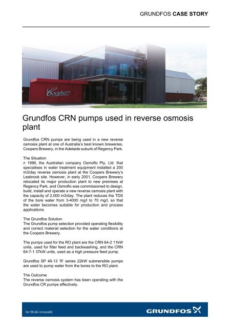 Grundfos CRN pumps used in reverse osmosis plant