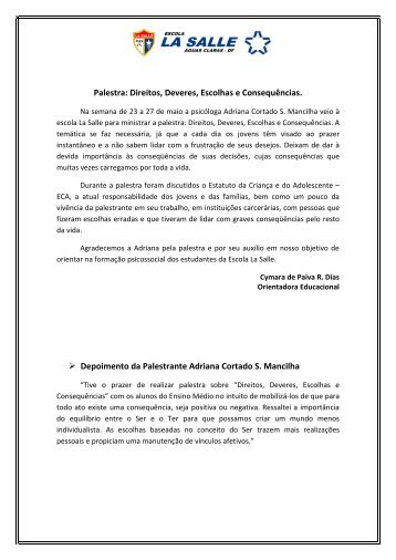 Palestra: Direitos, Deveres, Escolhas e ConsequÃªncias ... - La Salle