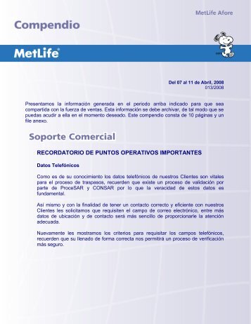 recordatorio de puntos operativos importantes - MetLife