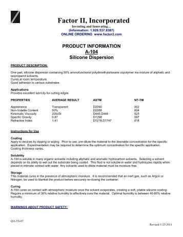 Technical Specification Sheet - Factor II, Inc.