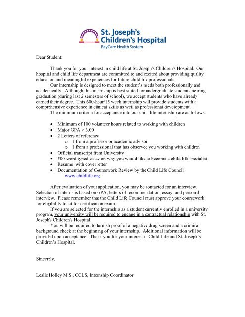 Thank you for your interest in child life at St. Joseph's Children's ...