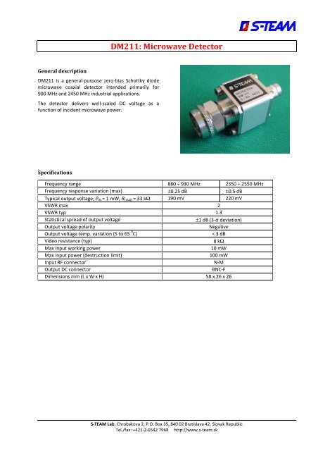 DM211 Microwave Detector Datasheet - S-TEAM Lab