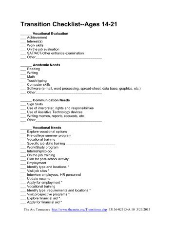 Transition Checklist--Ages 14-21 - The Arc of Tennessee