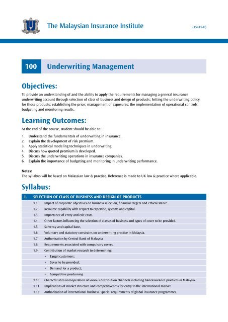 100 Underwriting Management - The Malaysian Insurance Institute