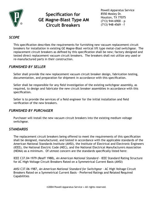 Specification for GE Magne-Blast Type AM Circuit Breakers