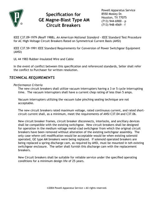 Specification for GE Magne-Blast Type AM Circuit Breakers