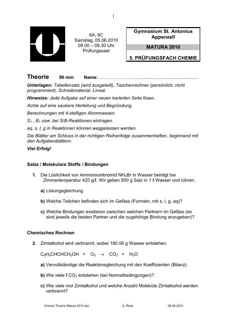 Chemie - Gymnasium St. Antonius Appenzell