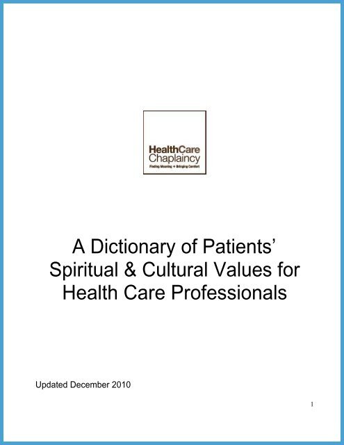 A Dictionary of Patients' Spiritual & Cultural Values for Health Care ...