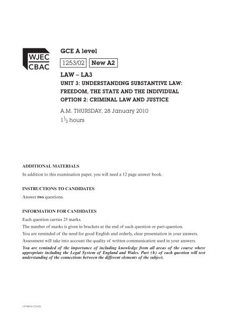 substantive la3- criminal & just. - gce winter 2010 - question paper