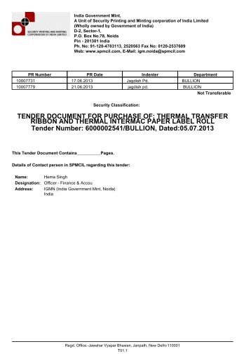 TENDER DOCUMENT FOR PURCHASE OF: THERMAL ...